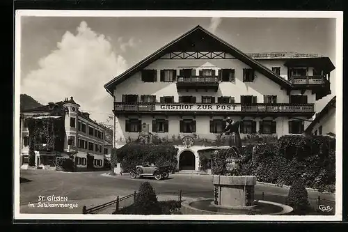 AK St. Gilgen, Gasthof zur Post mit Mozartbrunnen