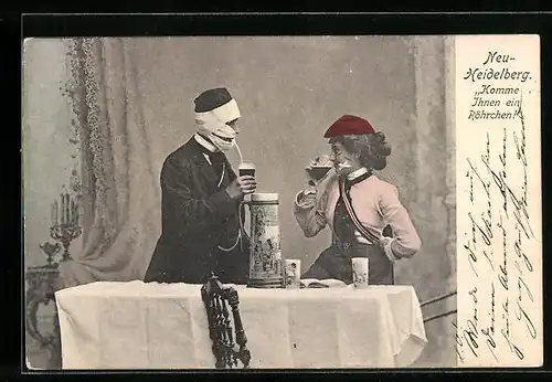 AK Neu-Heidelberg, Studenten beim Trinken, Komme Ihnen ein Röhrchen!