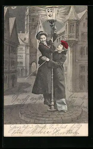 AK Studentinnen nachts an einer Laterne, studentische Szene