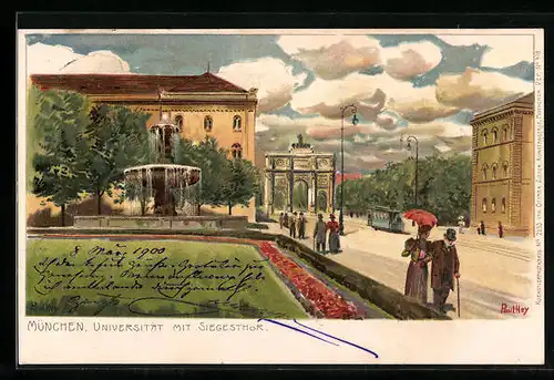 Künstler-Lithographie Paul Hey: München, Universität mit Siegestor und Strassenbahn