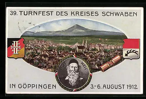AK Göppingen, 39. Turnfest des Kreises Schwaben 1912, Teilansicht mit Kirche, Turnvater Jahn, Ganzsache, PP27C156