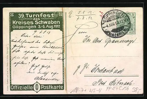AK Göppingen, 39. Turnfest des Kreises Schwaben 1912, Teilansicht mit Kirche, Turnvater Jahn, Ganzsache, PP27C156