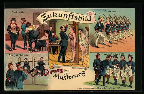 Lithographie Zukunftsbild der Musterung, Am Querbaum, Einkleiden, Parademarsch