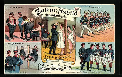 AK Gruss von der Musterung, Zukunftsbild der Infanterie, Einkleiden, Parademarsch, Am Querbaum, Wäsche-Appell