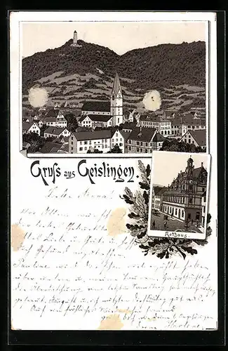 Vorläufer-Lithographie Geislingen, 1893, Ortsansicht, Rathaus