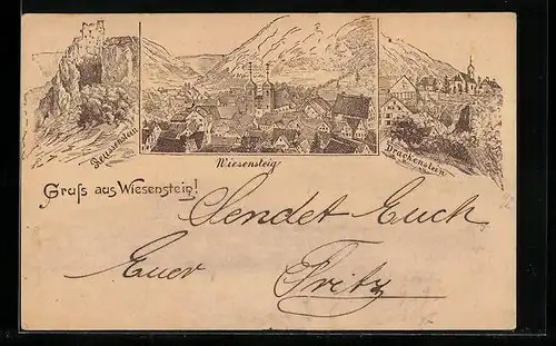 Lithographie Wiesensteig, Ortsansicht, Reussenstein, Drachenstein