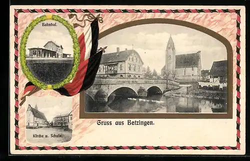 Passepartout-Lithographie Betzingen, Ortsansicht, Bahnhof, Kirche u. Schule