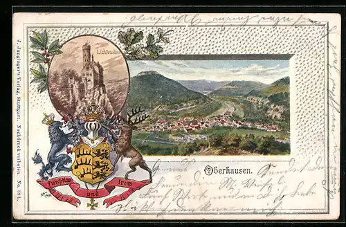 Passepartout-Lithographie Oberhausen, Ortsansicht, Burg Lichtenstein, Wappen