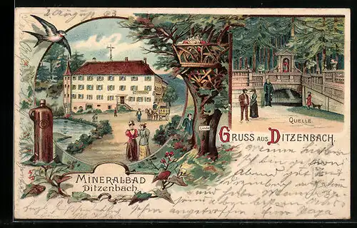 Lithographie Ditzenbach, Mineralbad, Linde, Quelle