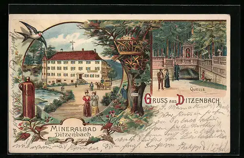 Lithographie Ditzenbach, Mineralbad, Linde, Quelle