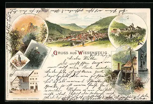 Lithographie Wiesensteig, Gasthaus zur Post, Papiermühle, Drackenstein