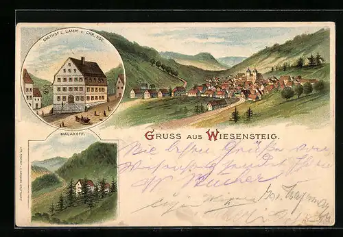 Lithographie Wiesensteig, Gasthof zum Lamm, Malakoff, Teilansicht