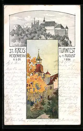 Künstler-AK Ganzsache PP27C68 /02: Heidenheim a.d.Br., 37. Kreis-Turnfest 1906, Burgberg, Kirche