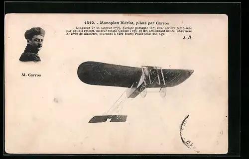 AK Monoplan Bleriot, pilote par Garros