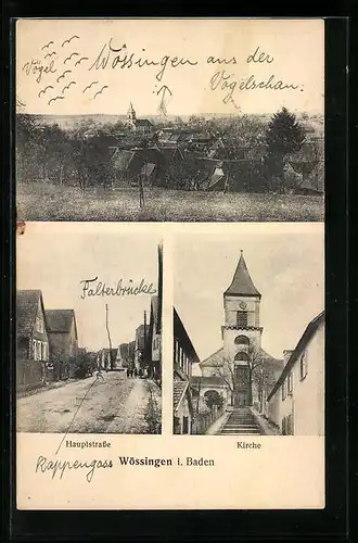 AK Wössingen i. Baden, Partie in der Hauptstrasse richtung Falterbrücke, Kirche, Teilansicht des Ortes