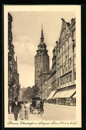 AK Bremen, Blick in die Obernstrasse mit Ansgarii-Turm und Geschäften