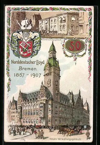 Lithographie Bremen, Partie am Neuen Verwaltungsgebäude, 50. Jahresfest, altes Verwaltungsgebäude, Wappen