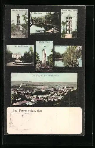 AK Bad Freienwalde, Bismarckturm, Kriegerdenkmal, Turm Königshöhe, Königliches SChloss