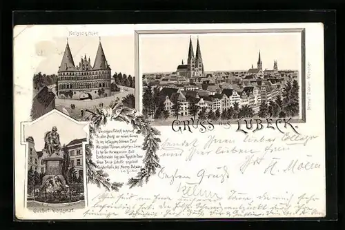 Lithographie Lübeck, Holstenthor, Geibert Denkmal, Fernansicht der Stadt