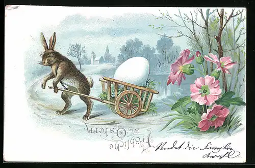 AK Osterhase mit Holzwagen und Osterei
