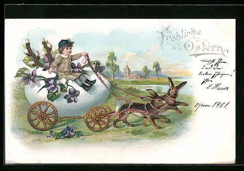 Künstler-AK Bube fährt in einer mit Blumen geschmückter Osterhasen-Kutsche