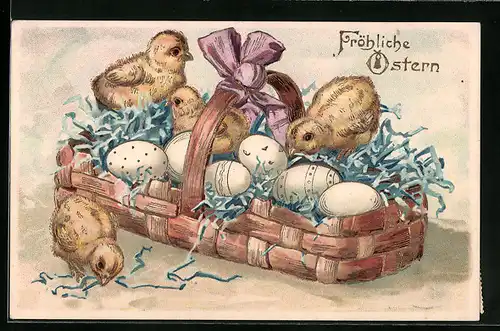 AK Osterküken im Korb, Fröhliche Ostern