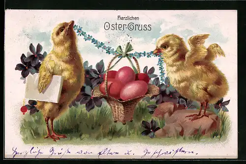 AK Osterküken mit Korb voller Ostereiern
