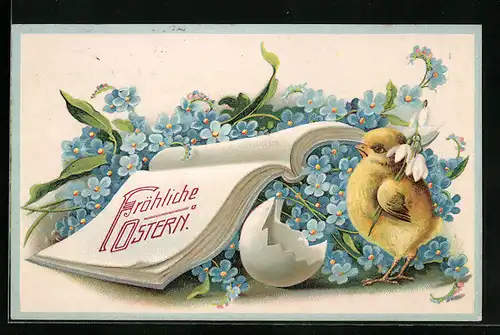 AK Osterküken mit Buch und Vergissmeinnicht