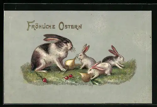 AK Osterhasen auf der Wiese, Fröhliche Ostern