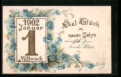 AK Jahreszahl 1902 mit Kalenderblatt und Vergissmeinnicht