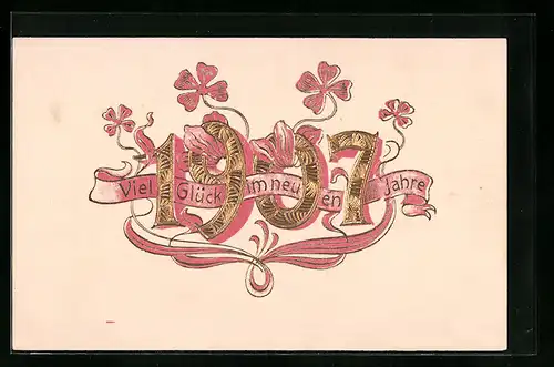 AK Jahreszahl 1907 mit rosa Kleeblättern