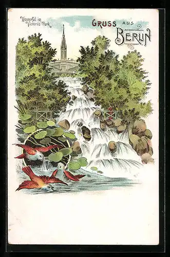 Lithographie Berlin-Kreuzberg, Wasserfall im Victoriapark