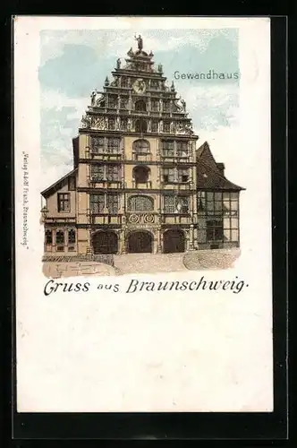 Lithographie Braunschweig, das Gewandhaus im Sonnenlicht