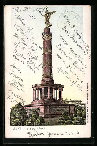 Lithographie Berlin-Tiergarten, Ansicht von der Siegessäule