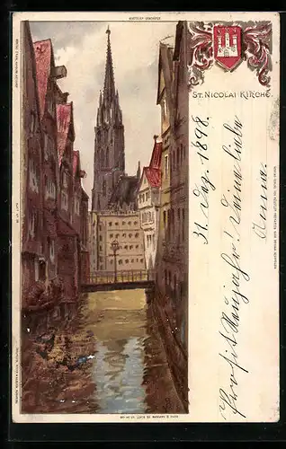 Künstler-AK Hamburg, Blick aus den Speicherviertel auf die St. Nicolai Kirche