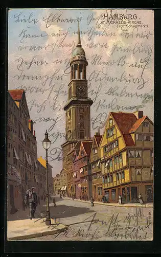 Lithographie Hamburg-Neustadt, Blick auf die St. Michaelis-Kirche vom Schaarmarkt