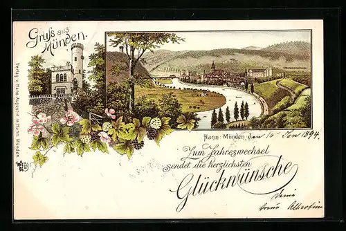 Vorläufer-Lithographie Münden, Ortsansicht mit Burg, Glückwünsche zum Jahreswechsel 1894