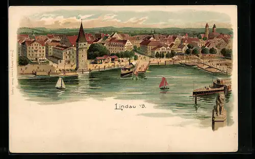Lithographie Lindau i. B., Ortsansicht mit Dampferanleger