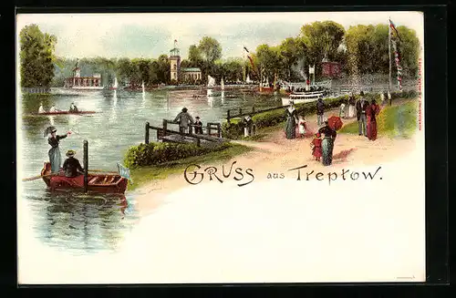 Lithographie Treptow, Ausblick von der Abtei, Boote
