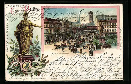 Lithographie Berlin, Alexanderplatz mit Stadtbahn und Pferdebahnen, Berolina
