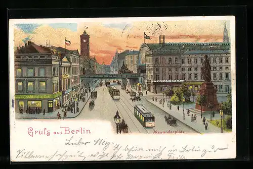 Lithographie Berlin, Strassenbahnen am Alexanderplatz