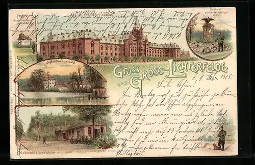 Lithographie Berlin-Lichterfelde, Garde-Schützen-Kaserne, Jagdschloss Grunewald