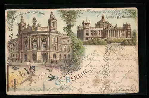 Lithographie Berlin, Neus Reichspostgebäude, Reichstagsgebäude