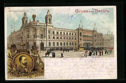 Lithographie Berlin, Passanten am Reichspostgebäude