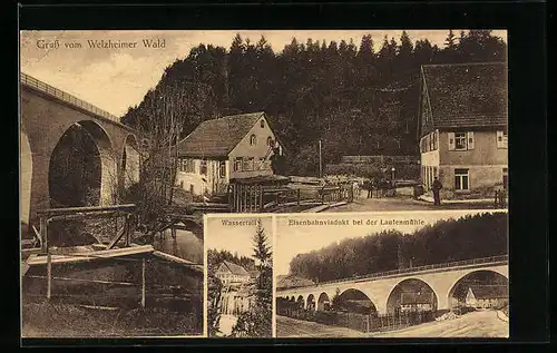 AK Welzheim, Ortsansicht, Wasserfall, Eisenbahnviadukt