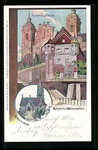 Künstler-AK Weingarten, Kloster-Kirche, Apotheke, Evang. Kirche
