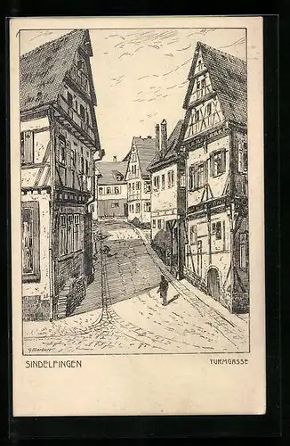 Künstler-AK Sindelfingen, Blick in die Turmgasse, Strasse