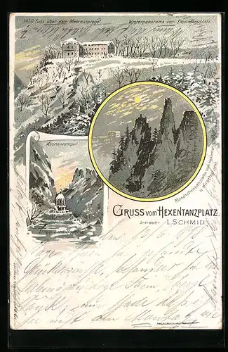 Lithographie Hexentanzplatz, Mondscheinpanorama mit Hirschgrund, Kronentempel, Winterpanorama