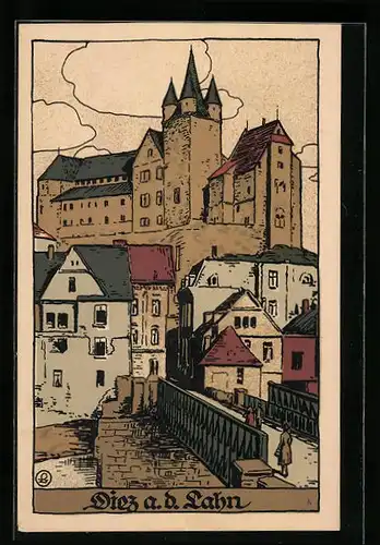 Steindruck-AK Diez a. d. Lahn, Ortspartie mit Brücke und Schloss