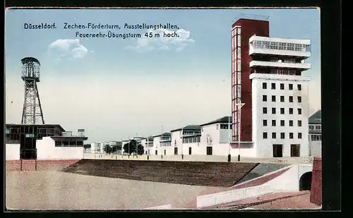 AK Düsseldorf, Zechen-Fördertum, Ausstellunghallen, Feuerwehr-Übungsturm